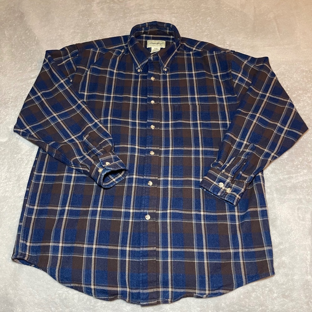 Vintage 90s Eddie Bauer Shirt Mens Medium Blue Brown Plaid Flannel Button Down
